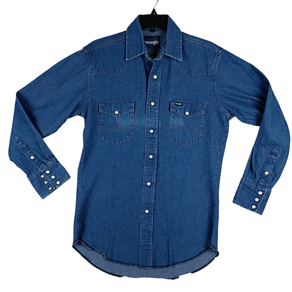 Wrangler Vintage Western Pearl Snap Shirt Mens Small Blue Denim Cowboy Workwear